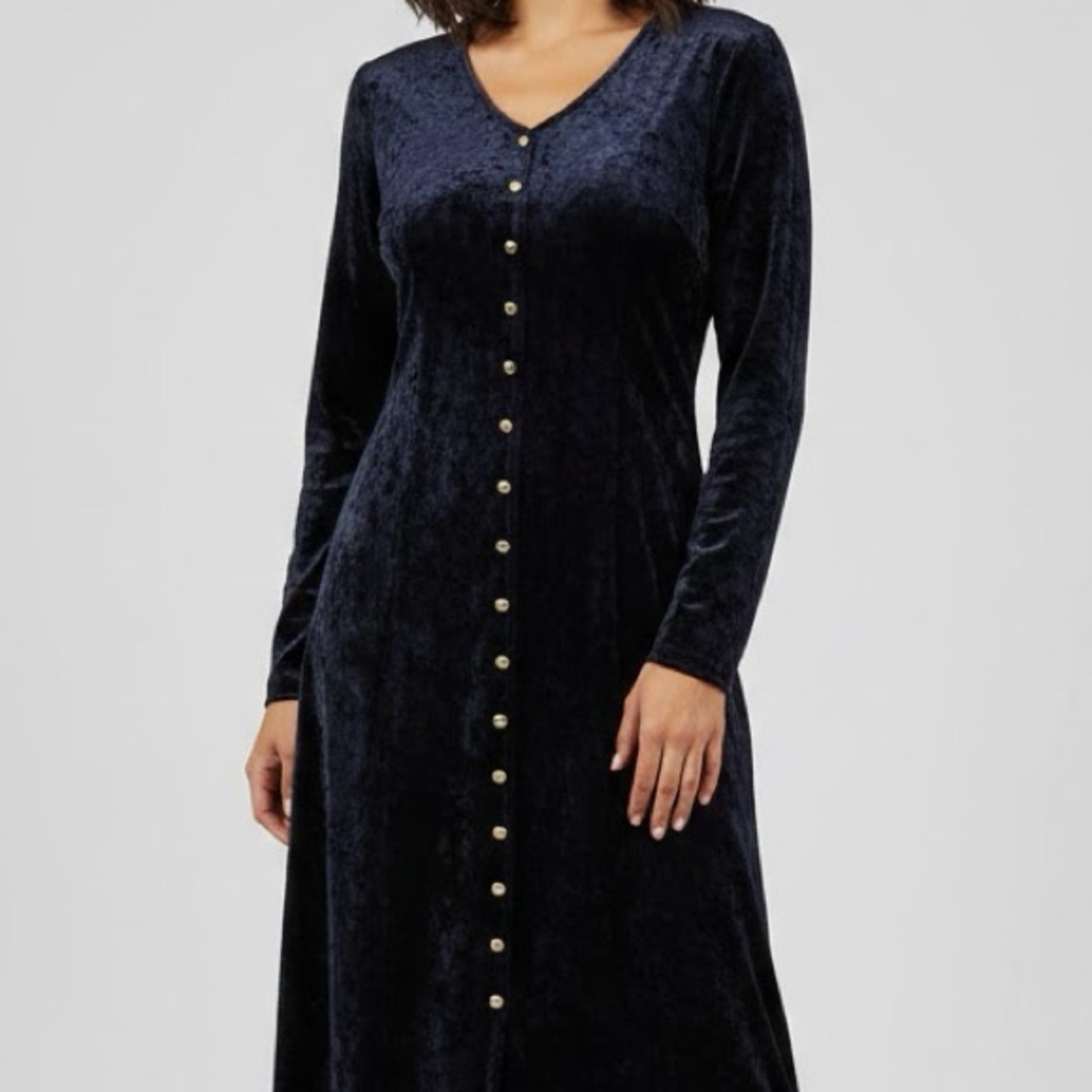 Vintage 90s Brett Alexander Blue Navy Velvet Long Sleeve Midi Dress 10